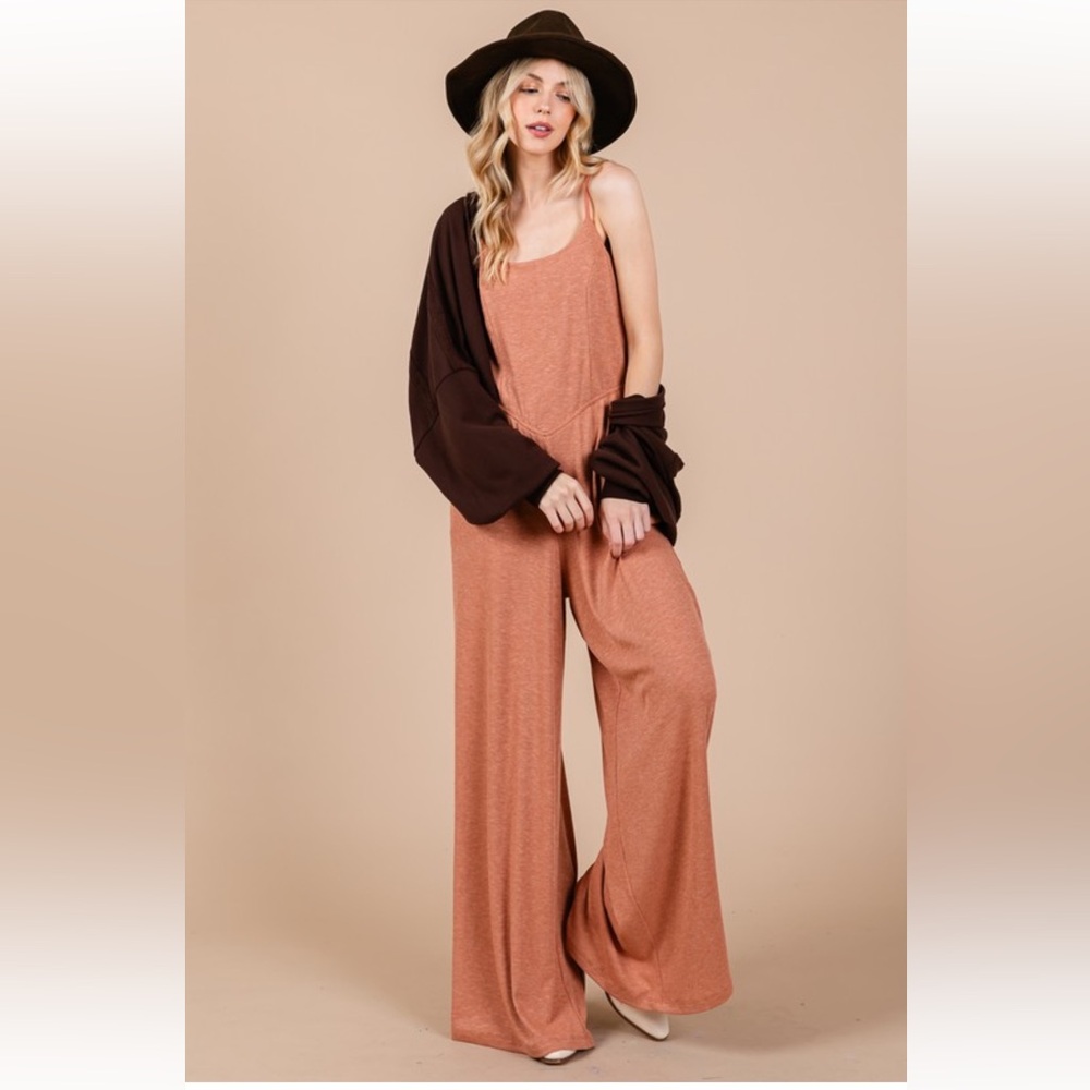 Solid Wide Leg Ribbed Knit Jumpsuit